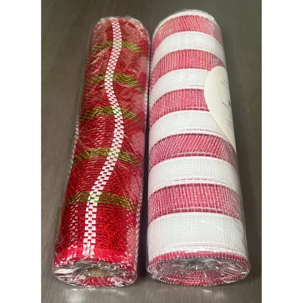 Holiday Time Poly Mesh Decorative Fabric Red White Green 10.5in 2 Rolls 45ft